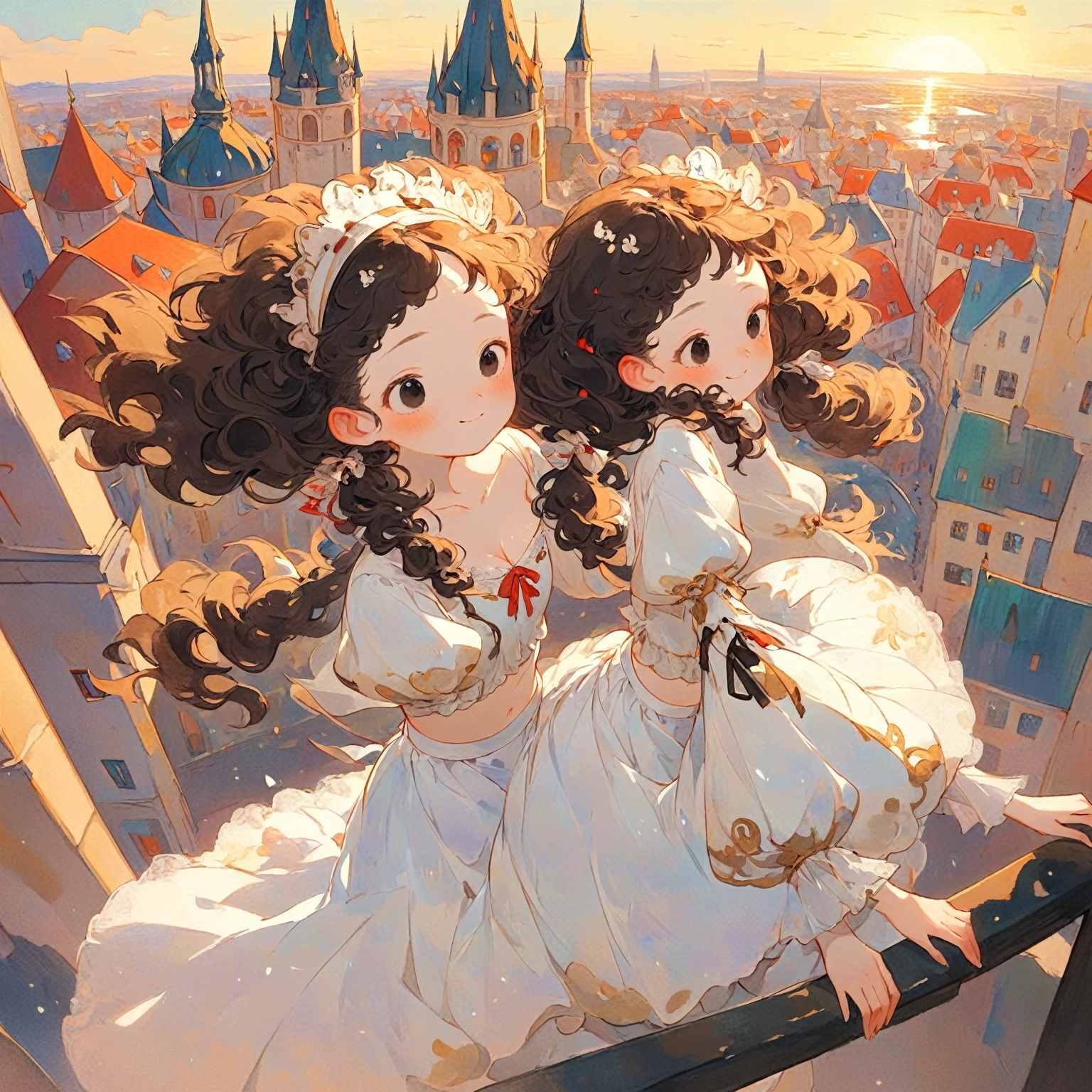 1 girl, forehead, black curly lower-twintail, black eyes, shy pose, little fat, white medieval uniform, headdress, smile, enjoy relax at street, city, sunset, looking away, midriff peek, Decolletage, shirt, skirt, from above, Egon Schiele: Expressionism style, Gustav Klimt: art-nouveau style, Peter Paul Rubens: Baroque style,