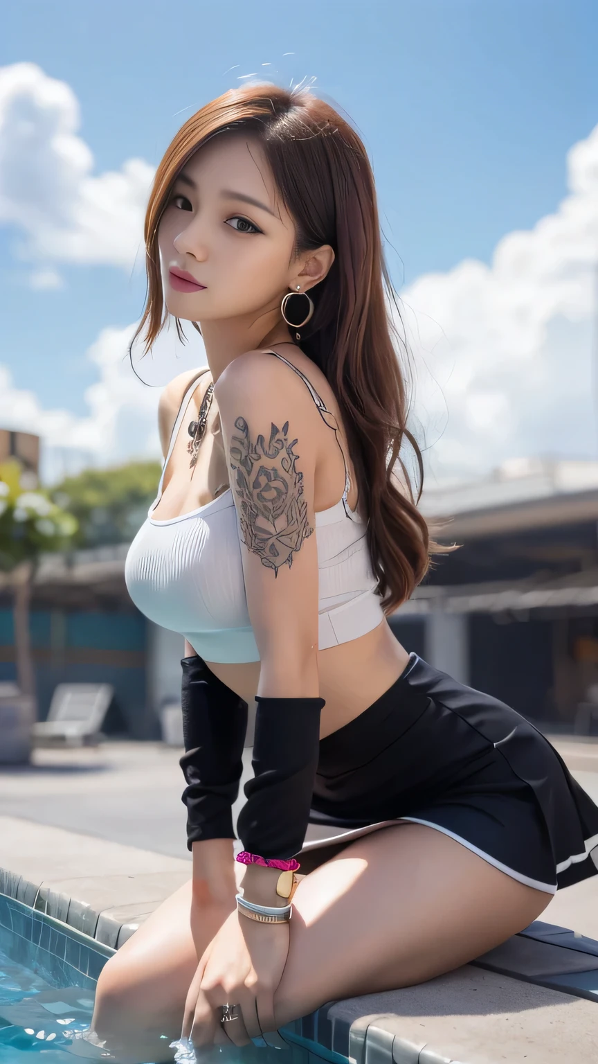 Urban beautiful girl college student, masterpiece, light makeup, red lips, silver hair, messy long hair, street background, beautiful, elegant. Ultra-fine details, master works, real texture, cinematic lighting realism, perfect work, 8k, HD, exquisite facial features, white tight open-cut top, transparent white tight shorts, slim figure, bright big eyes, smooth skin, earrings, necklace, tattoos