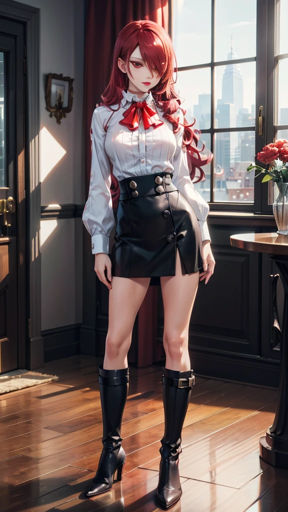   The best quality , ( masterpiece :1.3),  Cinematic lighting , ultra-detail, (highres:1.1), mitsuru kirijou, standing, front view,  looking at the spectator, long dark red hair, ( hair covering a right eye ),  detailed eyes , red eyes,  Big breasts, choker:1.6, red bow on the chest , ((White buttoned shirt)), (shiny black miniskirt), (black boots), elegant room, mansion, night