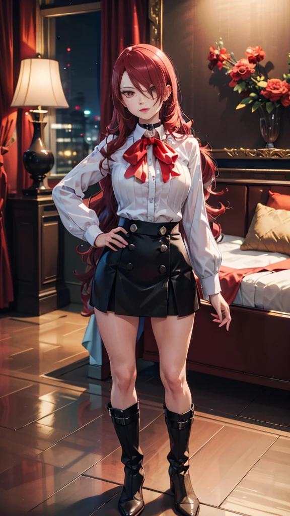   The best quality , ( masterpiece :1.3),  Cinematic lighting , ultra-detail, (highres:1.1), mitsuru kirijou, standing, front view,  looking at the spectator, long dark red hair, ( hair covering a right eye ),  detailed eyes , red eyes,  Big breasts, choker:1.6, red bow on the chest , ((White buttoned shirt)), (shiny black miniskirt), (black boots), elegant room, mansion, night