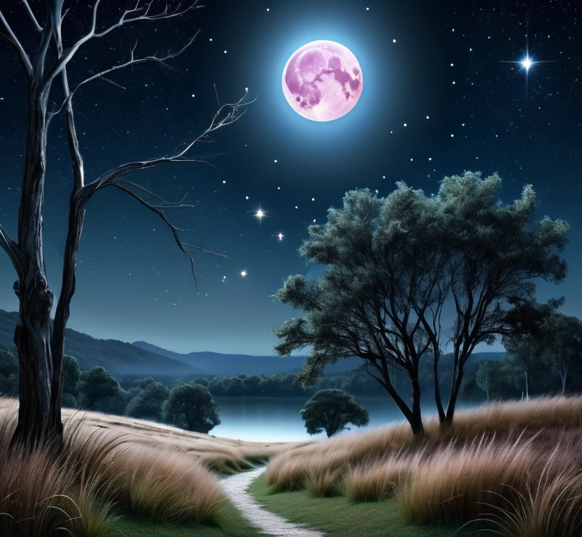 Mysterious fantastical landscape, (((1pink pink moon))), picturesque landscape, starry sky fantasy, crisp clear photo, hyperrealism, 1falling star, dark trees, dark grasses, 
