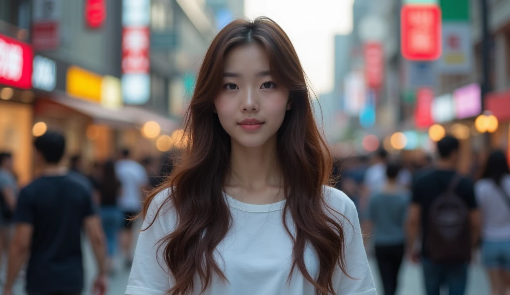((top-quality, 8K, tmasterpiece :1.3)), 1girll, ssmile, s whole body, Slim Faces, one pretty woman, (dark brown  hair), Long blue dress :1.1, Highly detailed face, Detailed eyes, 二重まぶた, The background is blurred out, Slim Faces, City streets, (Zhang Yuanying), Cute Korean face,20 years old girl、Cute、Look at the sexy shots of the lens