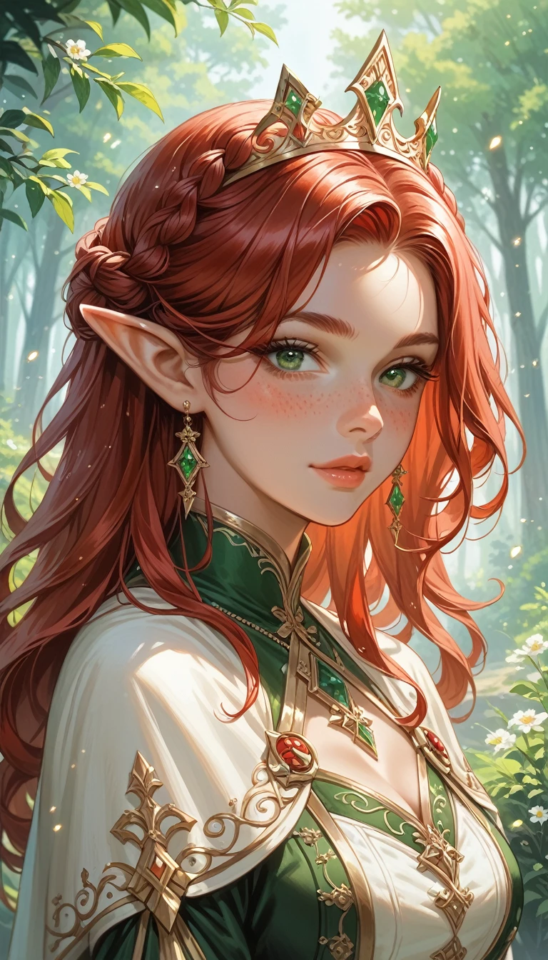 (Masterpiece, highest quality, Best Quality, Beautiful and aesthetic:1.2), (1girl in:1.4), thighs upwards, portrait, elf princess, pointy ears, youthful and elegant, (Red hair:1.5), (Green eyes:1.4), freckles, thick lips, (seductive pose:1.5), black mage robes with gold trim, outdoors in a moonlit forest, (light particles floating around:1.3), medieval fantasy setting, crown braid, blush, Looking at viewer, seductive expression, NSFW, beautiful aesthetic