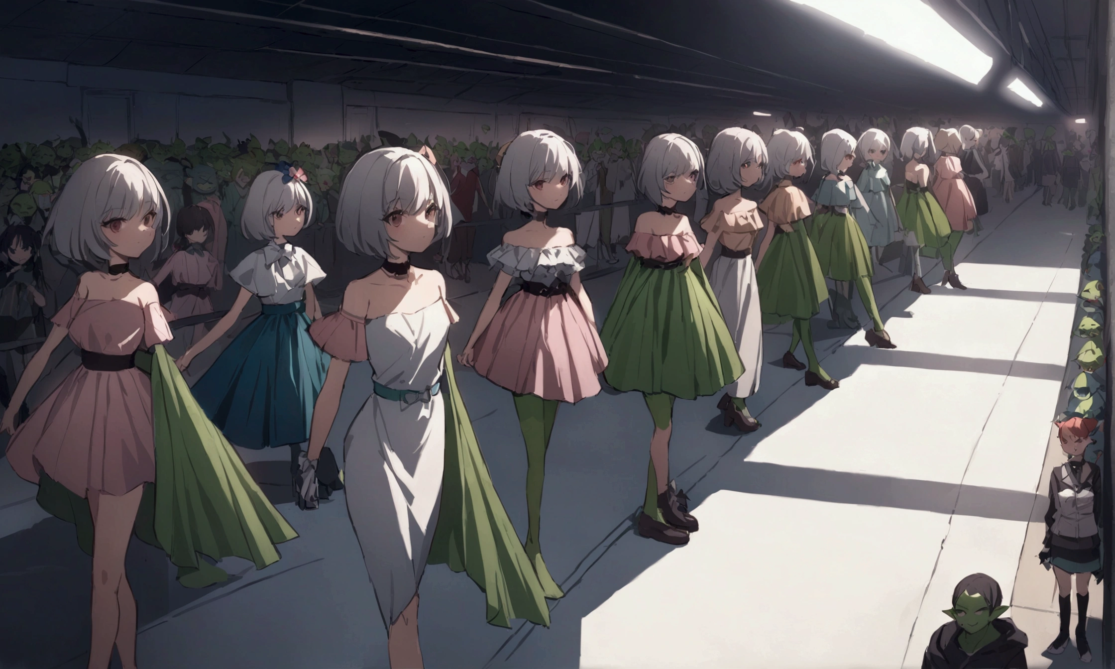 A bunch of goblins in a garbage dump are putting on a fashion show, goblin fashion models, goblins ham it up while modelling, trashy high fashion outfits, bad make up, car headlight spotlights on fashion run way, audience off to either side partly in shadows, set in dump