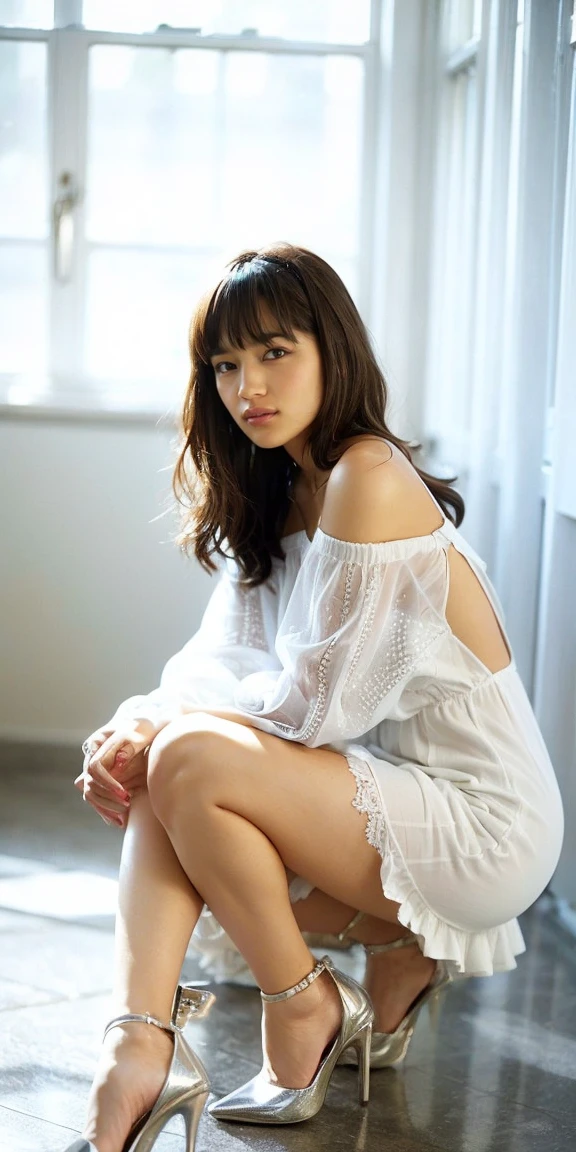   Overlooking the Kingdom of the Night   ,    Medium Long Brown Hair Fluttering in the Style  , bangs ,   White Off Shoulder Sheer Lace Super Mini Dress, Sophisticated Person  ,  Light Gray Pantyhose Full of Transparency and Shiny  ，  Cute White High Heels  