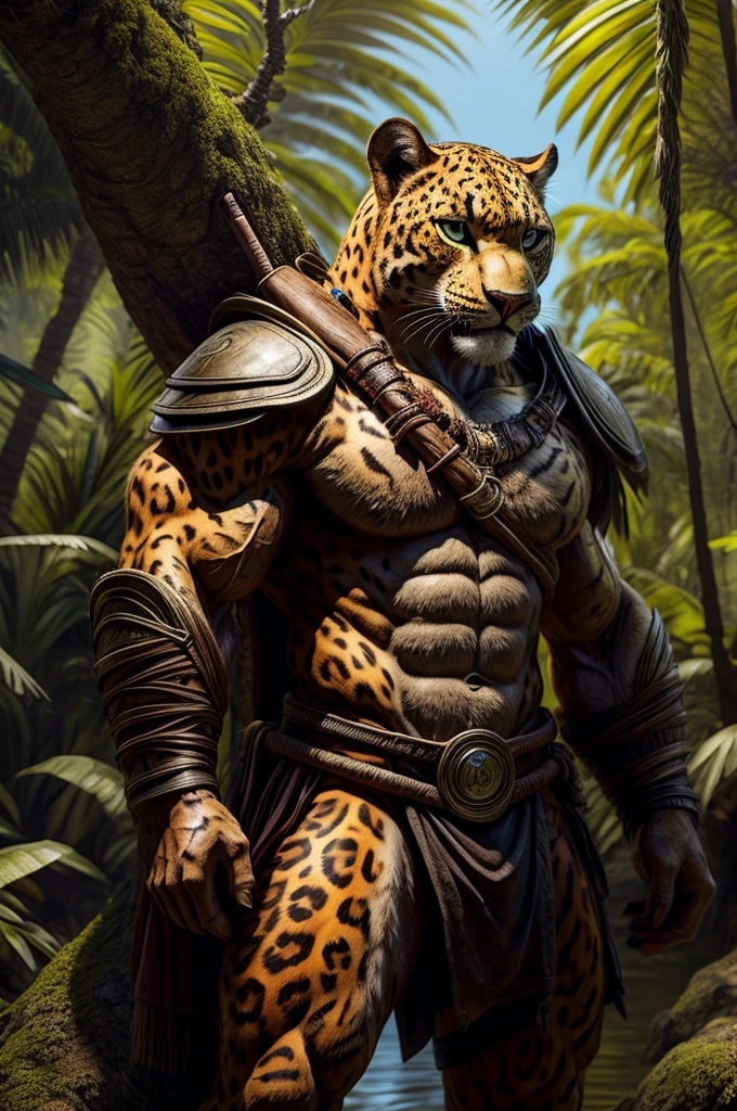 Jaguar with human body, muscular and strong body painted in jungle armor, holding a wooden and steel spear, ready to defend the Amazon, body with humanoid jaguar skin, representing Brazil in allusion to Countries as Warriors