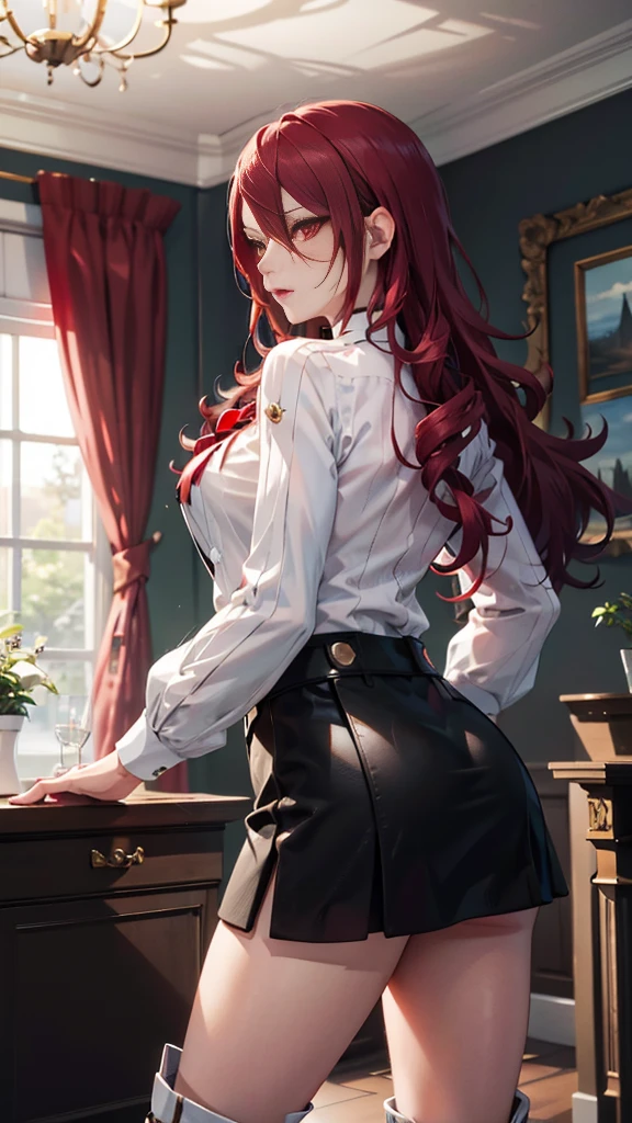   The best quality , ( masterpiece :1.3),  Cinematic lighting , ultra-detail, (highres:1.1), mitsuru kirijou, standing,  seen from behind, perfect ass,  looking at the spectator, long dark red hair, ( hair covering a right eye ),  detailed eyes , red eyes,  Big breasts, choker:1.6, red bow on the chest , ((White buttoned shirt)), (shiny black miniskirt), (black boots), elegant room, mansion, night