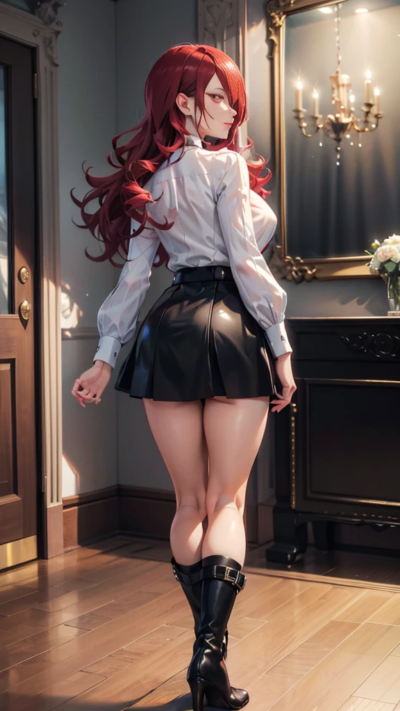   The best quality , ( masterpiece :1.3),  Cinematic lighting , ultra-detail, (highres:1.1), mitsuru kirijou, standing,  seen from behind, perfect ass,  looking at the spectator, long dark red hair, ( hair covering a right eye ),  detailed eyes , red eyes,  Big breasts, choker:1.6, red bow on the chest , ((White buttoned shirt)), (shiny black miniskirt), (black boots), elegant room, mansion, night