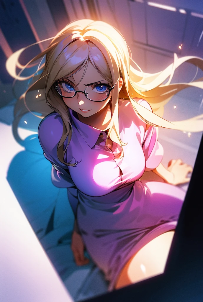 1 girl,  long hair ,  High resolution , breasts, Rice, blue eyes,  Fringe between the eyes, Backlighting, Necessary, HD model, Blonde hair, shiny hair,  Split Fringe, hair in the wind, Light blush,  red lips , Sparkling eyes, shy, Vanishing point, brilliance, silhouette, Flowering, Scanlines, ANIME STYLE, anime, Illustration, cute jumpsuit , cute expression, excited, drawing, studying, one piece, wavy hair, voluminous hair, Alone, sitting, desk, concentrated, with glasses,  design studio, top view, 