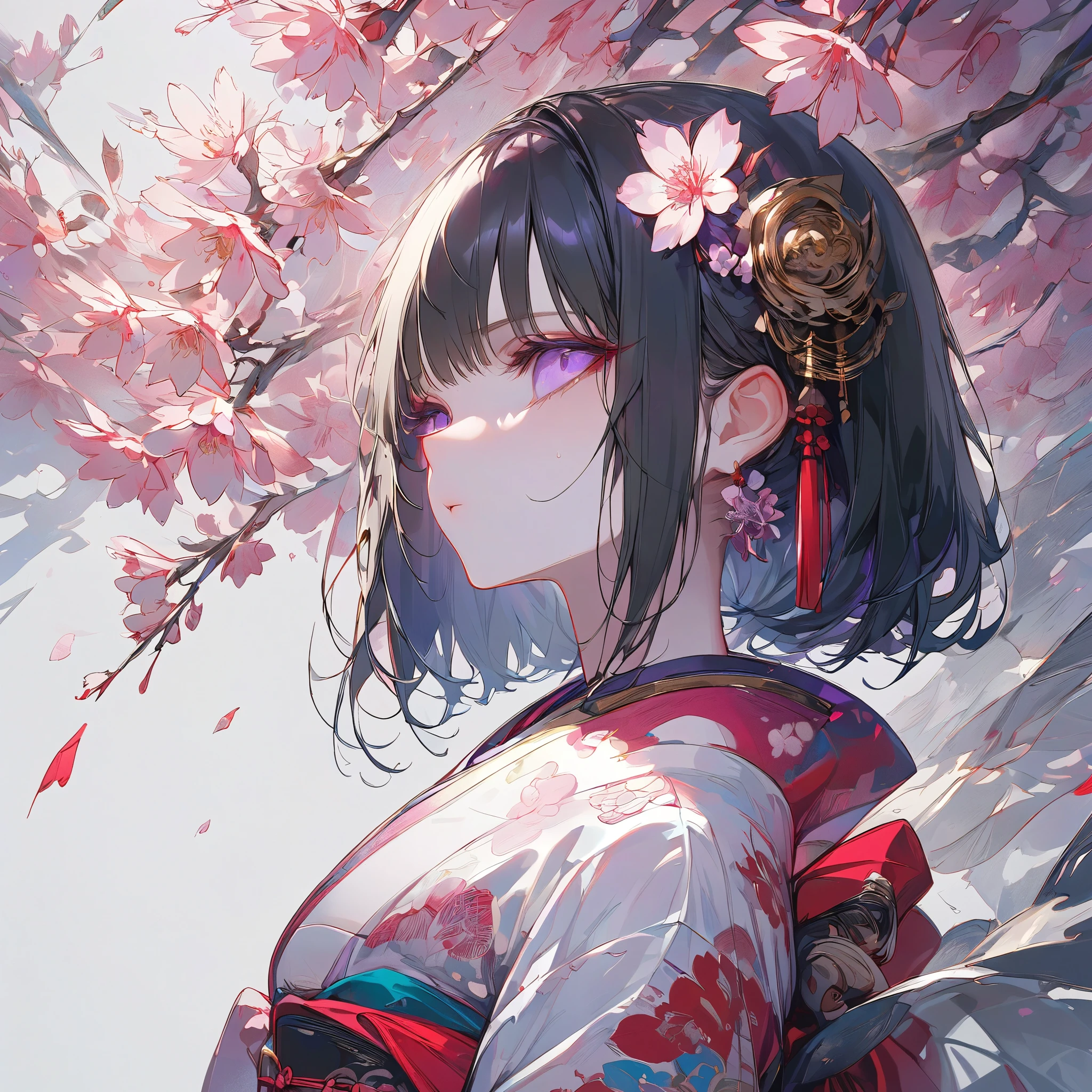 High resolution, High resolution, masterpiece,Write a thick outline、 masterpiece, accurate, Winner of numerous awards, Best Quality, High detail, Very detailed, Ultra high definition, Textured skin, Alone, White background、Black straight hair、Look at, Purple eyes, Red-based kimono with cherry blossom pattern、Side Shot、Wide Shot、Anatomically correct, Petals with gold borders、Sophisticated、Japanese Tradition、colorful
