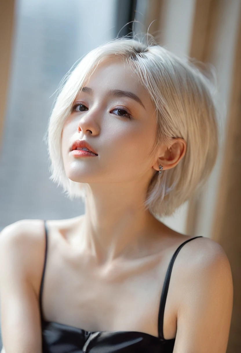 Masterpiece, Best Quality, Extremely detailed, Cinematic Lightning, intriciate detail, high resolucion, Official Art, Beautiful face and eyes with delicate details, high resolucion 그림, 8K, Bokeh, Solo, 1Girl, Girl with white hair and red eyes,white short hair, Beautiful red eyes, beautiful scenery, Rainy city, s whole body, looking up at viewer,stocklings,