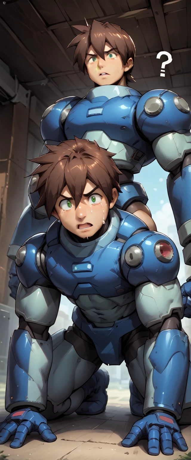 score_8, score_8_up, score_7_up, score_6_up, source_anime BREAK, male focus, , m3g4m4n, male focus, brown hair, green eyes,, android, hair between eyes, armor, confused, looking down, ???, ?, huge muscles,Huge erect penis, anal sex,doggy style、Crying face,roling eyes,white eyes,