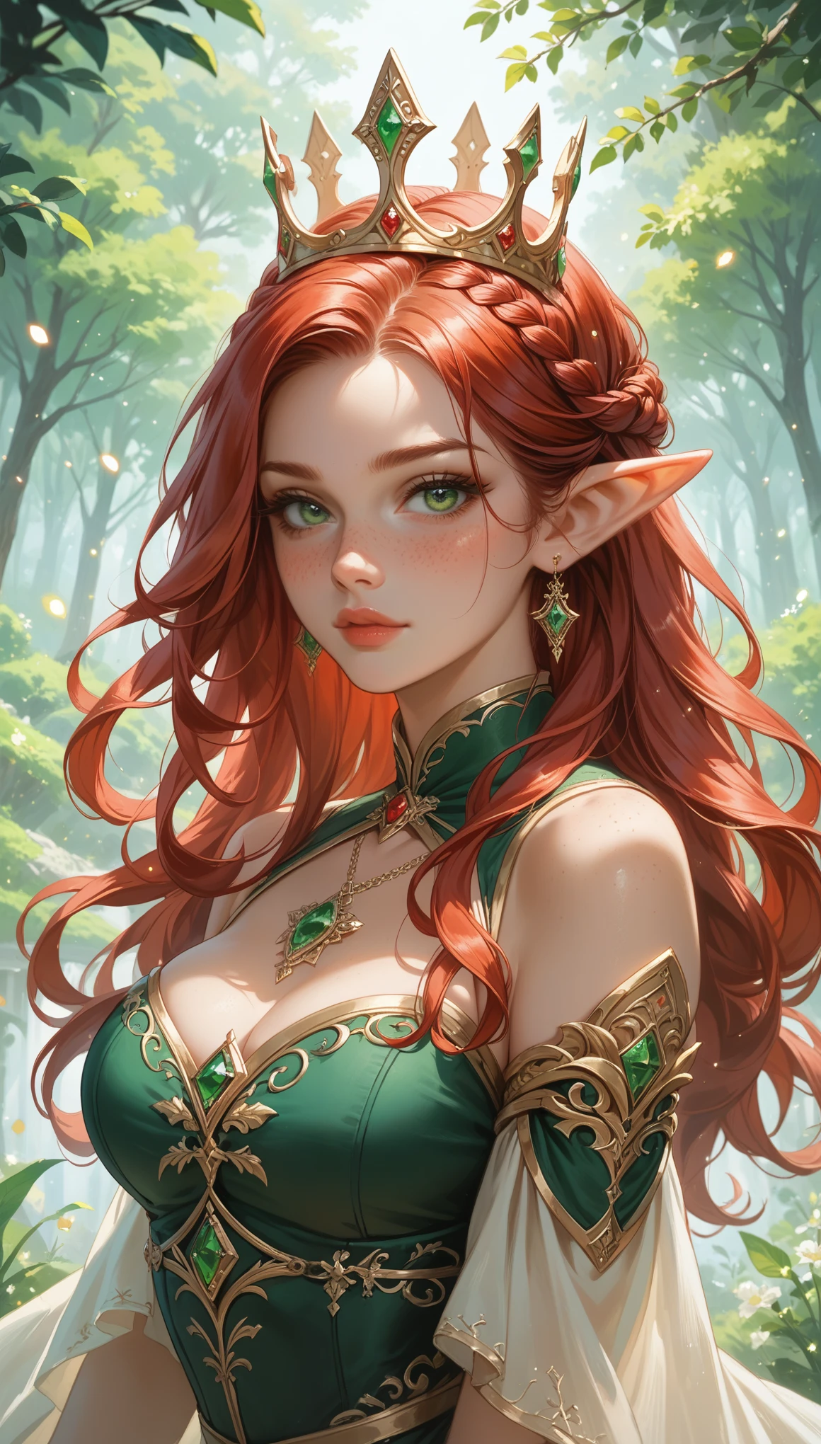 (Masterpiece, highest quality, Best Quality, Beautiful and aesthetic:1.2), (1girl in:1.4), thighs upwards, portrait, elf princess, pointy ears, youthful and elegant, (Red hair:1.5), (Green eyes:1.4), freckles, thick lips, (seductive pose:1.5), black mage robes with gold trim, outdoors in a moonlit forest, (light particles floating around:1.3), medieval fantasy setting, crown braid, blush, Looking at viewer, seductive expression, NSFW, beautiful aesthetic