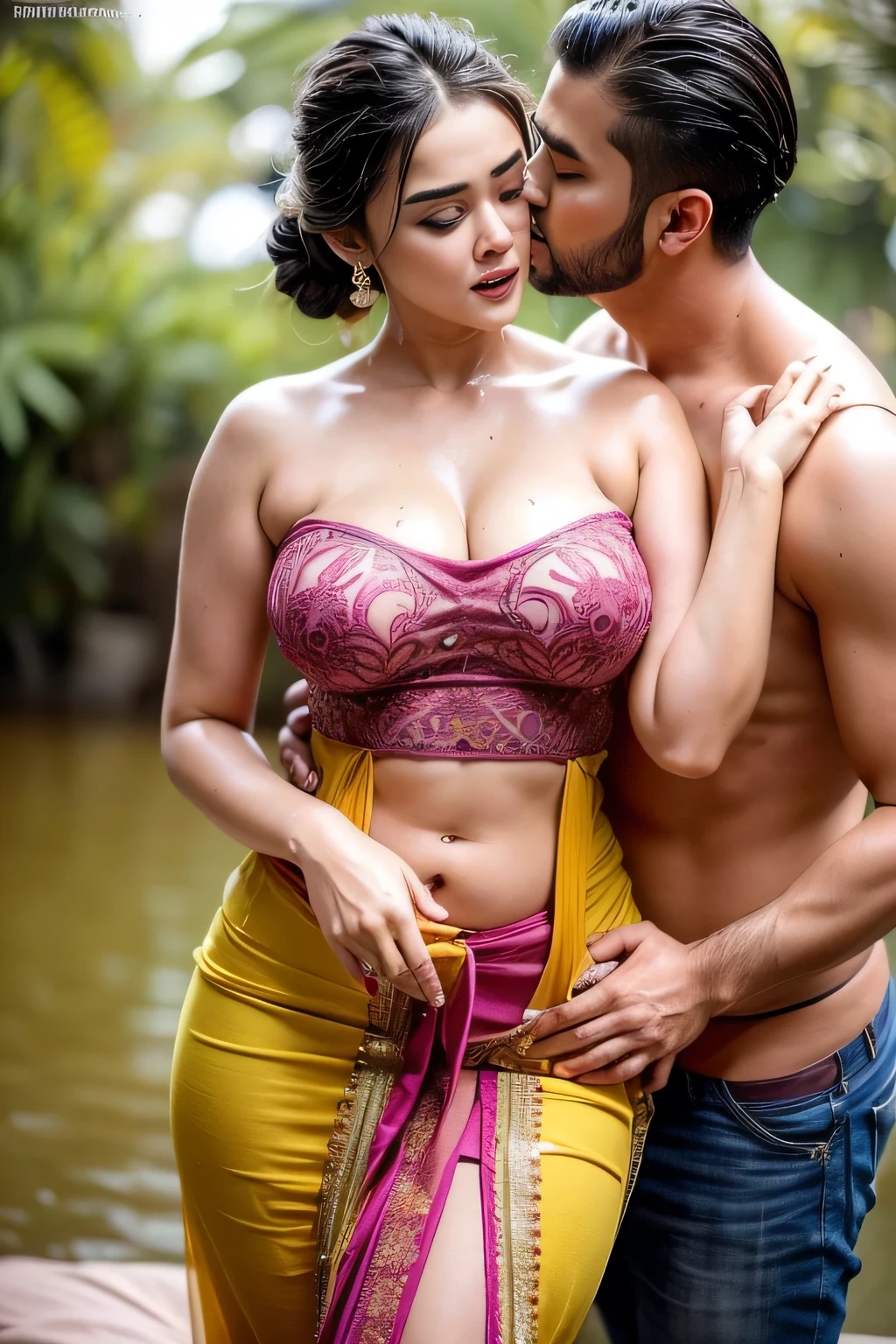 HD wallpaper 32k cinematic shoot of a Beautiful cute wet Pretty Zinta, with thick thighs and a curvy waist, wearing an beautiful Kebaya dress, ((navel)), ((a man kissing her waist)), ((a man kissing her navel)), ((wet girl)), ((sweaty girl))
