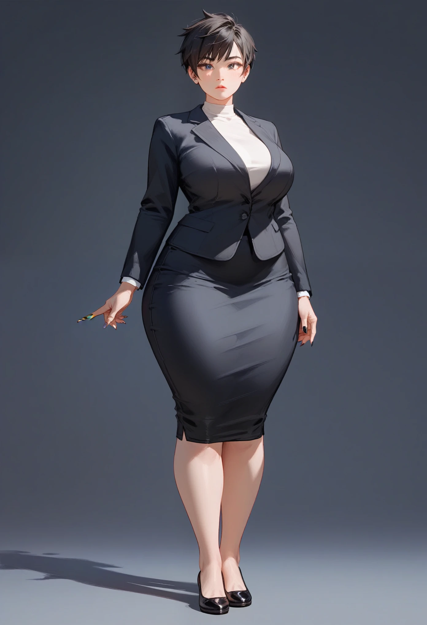 (score_9,score_8_up,score_7_up) 1lady asian, solo, mature female, adult woman, very short hair,tomboy hairstyle, black hair, almond eyes, tight black blazer, tight long pencil skirt, very long skirt, long black pencil skirt, blank expression, pale, thick thighs, ballerina flats shoes, black footwear, wide hips, standing upright, full body shown, busty, thick legs, massive thighs, older woman, milf, voluptuous, asian woman, hourglass bodyfigure, , asian details, facing forward, detailed face, staring, long fingernails, natural nails