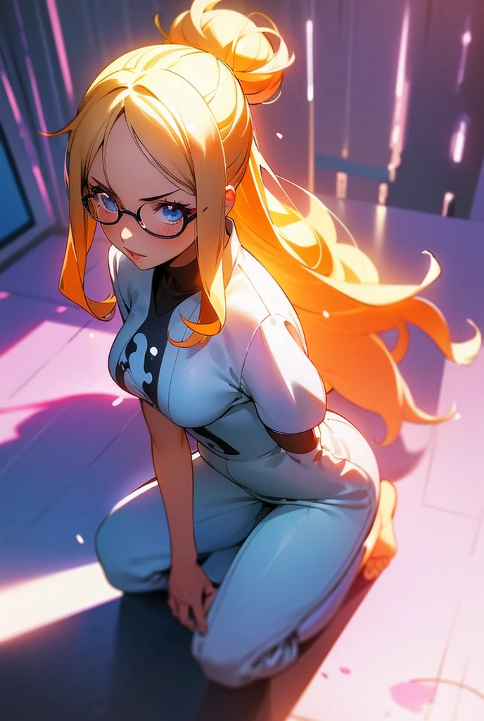 1 girl,  long hair ,  High resolution , breasts, Rice, blue eyes,  Fringe between the eyes, Backlighting, Necessary, HD model, Blonde hair, shiny hair,  Split Fringe, Light blush,  red lips , Sparkling eyes, shy, Vanishing point, brilliance, silhouette, Flowering, Scanlines, ANIME STYLE, anime, Illustration, cute jumpsuit , cute expression, excited, drawing, studying, one piece, wavy hair, voluminous hair, Alone, sitting, desk, concentrated, with glasses,  design studio, top view, Hair with bun, messy hair, 