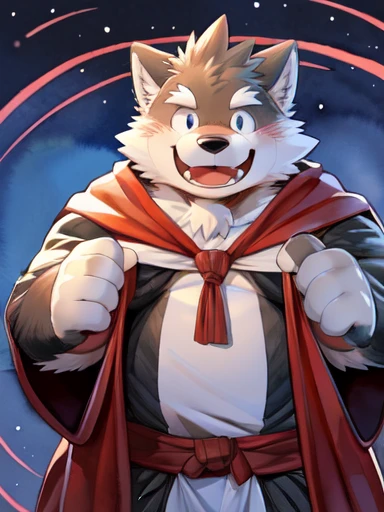 Scribble Wolf face, ((cute)),  anthro (Wolf), ( grayish black fur :1.2),  comic style , White Beard, White abdomen, (Knight Costume,  long red cherry cloak by Arashi Takemoto), (close:1.5), by Takemoto Arashi, From Kamyuel, by milkytiger1145, by 96panda, Generous Smile, happy,  opens her mouth, (watercolor \( medium sized \),  comic style :1.2),Front View,  FACE FOCUS , Abstract background,  fantasy, Various colors, colorful, 
 embarrassed face without shorts