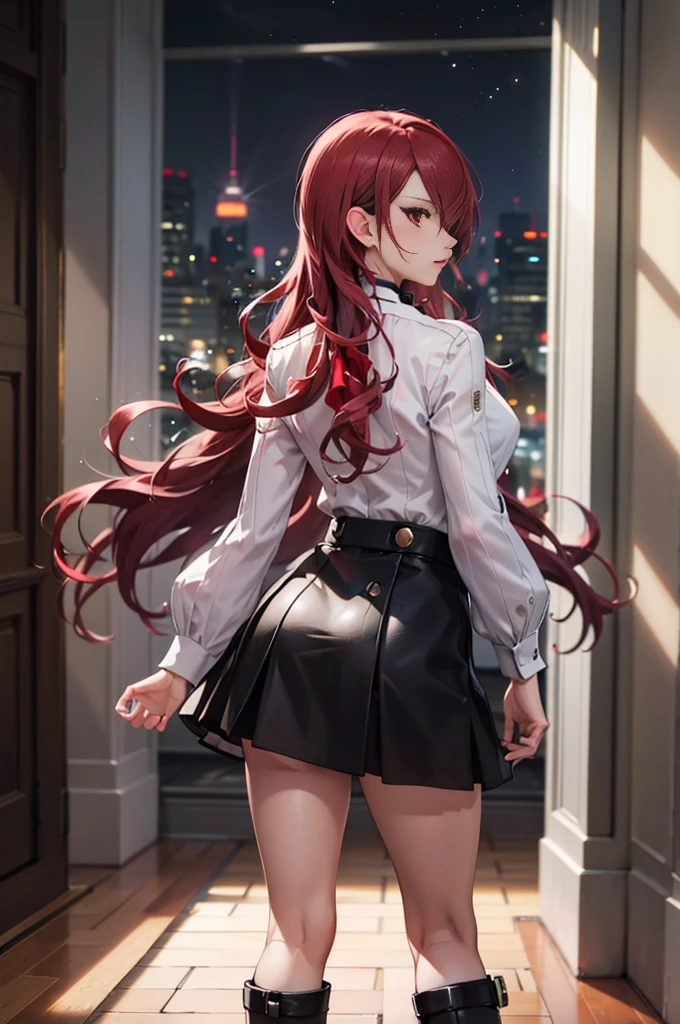   The best quality , ( masterpiece :1.3),  Cinematic lighting , ultra-detail, (highres:1.1), mitsuru kirijou, standing,  seen from behind, perfect ass,  looking at the spectator, long dark red hair, ( hair covering a right eye ),  detailed eyes , red eyes,  Big breasts, choker:1.6, red bow on the chest , ((White buttoned shirt)), (shiny black miniskirt), (black boots), elegant room, mansion, night