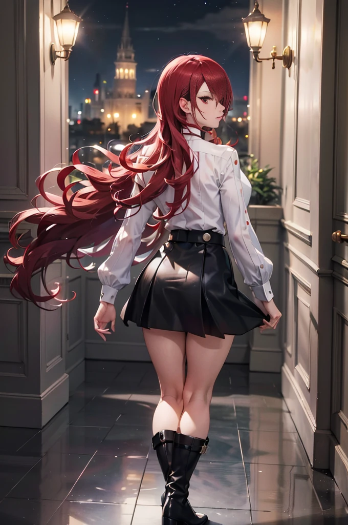   The best quality , ( masterpiece :1.3),  Cinematic lighting , ultra-detail, (highres:1.1), mitsuru kirijou, standing,  seen from behind, perfect ass,  looking at the spectator, long dark red hair, ( hair covering a right eye ),  detailed eyes , red eyes,  Big breasts, choker:1.6, red bow on the chest , ((White buttoned shirt)), (shiny black miniskirt), (black boots), elegant room, mansion, night