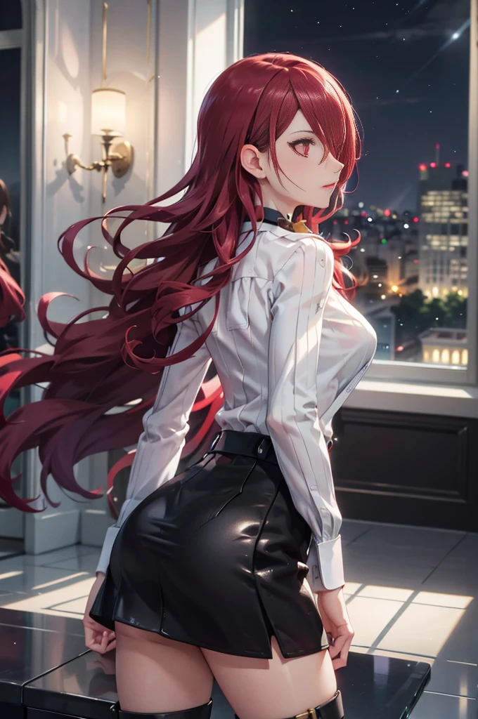   The best quality , ( masterpiece :1.3),  Cinematic lighting , ultra-detail, (highres:1.1), mitsuru kirijou, standing,  seen from behind, perfect ass,  looking at the spectator, long dark red hair, ( hair covering a right eye ),  detailed eyes , red eyes,  Big breasts, choker:1.6, red bow on the chest , ((White buttoned shirt)), (shiny black miniskirt), (black boots), elegant room, mansion, night