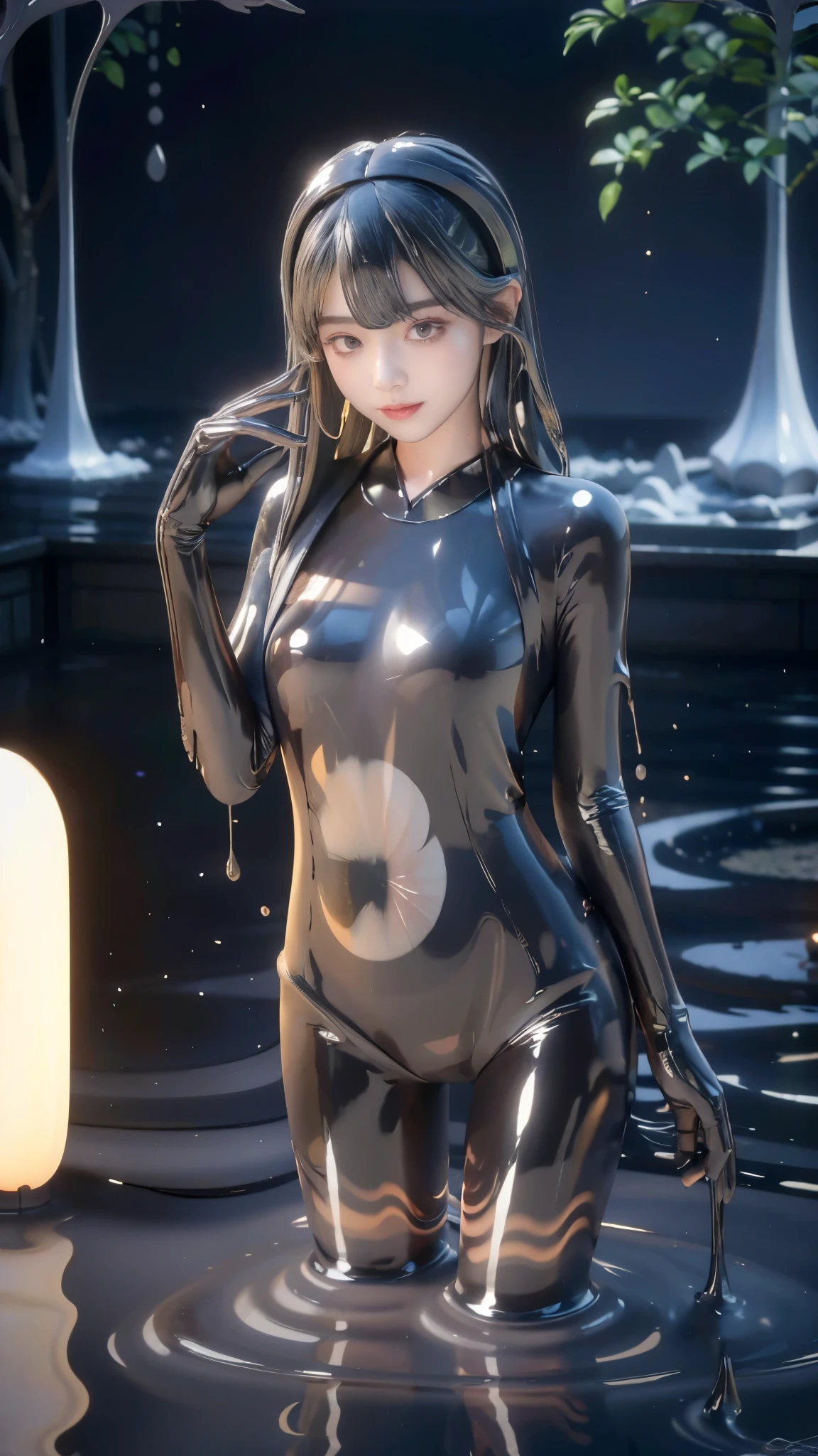{x} Woman in a shiny black latex catsuit, Japanese women, black suit made of melted slime , melted slime sticks perfectly to skin , wear melted slime tights , mucus that dissolves on the skin , (((Light Theme, Exposure theme , Sexy Theme))), I wear a black slime suit that covers my whole body , slime suit sticks to skin , the slime suit is made of latex , Cemetery details , there is no boundary between slime and skin , cover your hands with latex , Alone, Reflected Light, shiny latex , latex is super reflective ,Realistic, 8k, Super detailed, Cinema Lighting, DRAMATIC POSE , Inside the building at night , intricate detail , Perfect Skin,Beautiful Face, , embarrassed face without shorts,Delicate features, Graceful Movement, Dynamic Composition , creepy atmosphere , The dark and intense , Light blush, Seductive Smile, headband ,