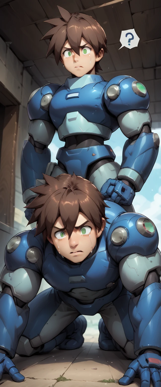 score_8, score_8_up, score_7_up, score_6_up, source_anime BREAK, male focus, , m3g4m4n, male focus, brown hair, green eyes,, android, hair between eyes, armor, confused, looking down, ???, ?, huge muscles,(Huge erection))penis, anal sex,doggy style、Crying face,roling eyes,white eyes,nsfw,