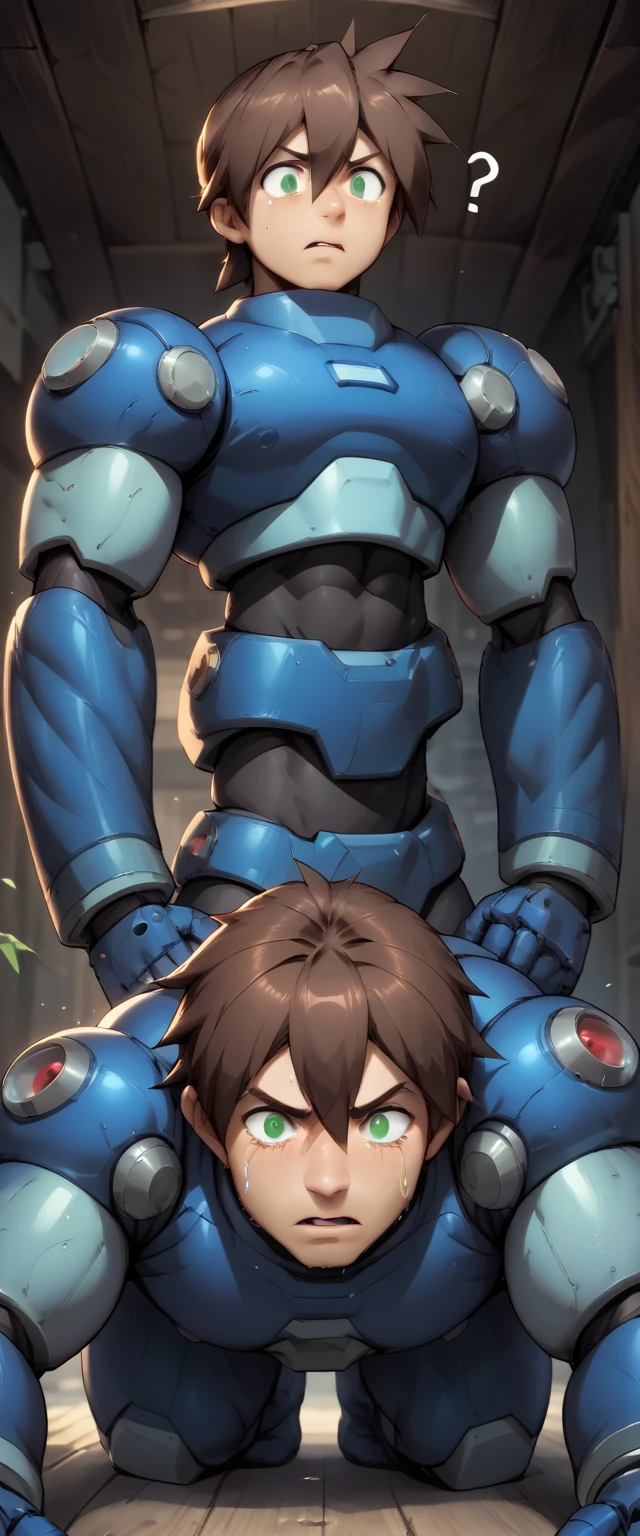 score_8, score_8_up, score_7_up, score_6_up, source_anime BREAK, male focus, , m3g4m4n, male focus, brown hair, green eyes,, android, hair between eyes, armor, confused, looking down, ???, ?, huge muscles,(Huge erection))penis, anal sex,doggy style、Crying face,roling eyes,white eyes,nsfw,