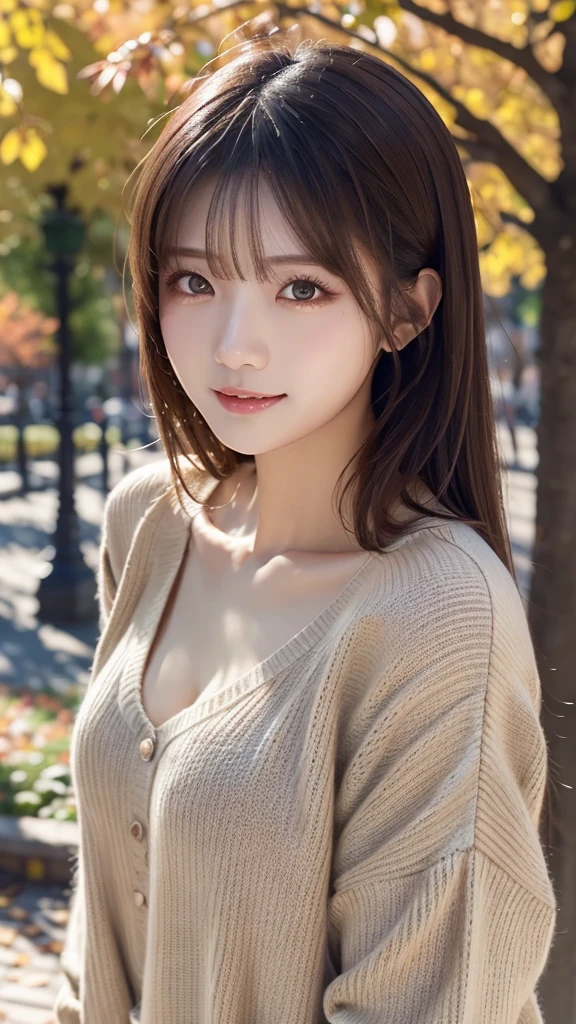 MASTEPIECE, top quality, illustration, ultra-definition, detailed, high resolution, 8K wallpaper, perfect dynamic composition, beautiful detailed eyes, light brown sweater, short bomb, chest, natural colored lips, random pose, little teeth A beautiful park with autumn