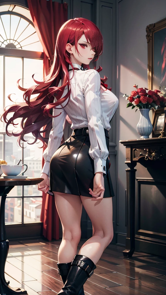   The best quality , ( masterpiece :1.3),  Cinematic lighting , ultra-detail, (highres:1.1), mitsuru kirijou, standing,  seen from behind, perfect ass,  looking at the spectator, long dark red hair, ( hair covering a right eye ),  detailed eyes , red eyes,  Big breasts, choker:1.6, red bow on the chest , ((White buttoned shirt)), (shiny black miniskirt), (black boots), elegant room, mansion, night