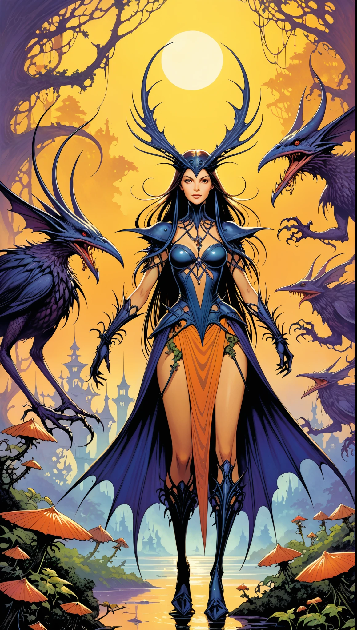 arachne woman, voluptuous body, sex lace lingerie {bra and panties}, crown on head, holding an epée, on top of a spider web between two trees