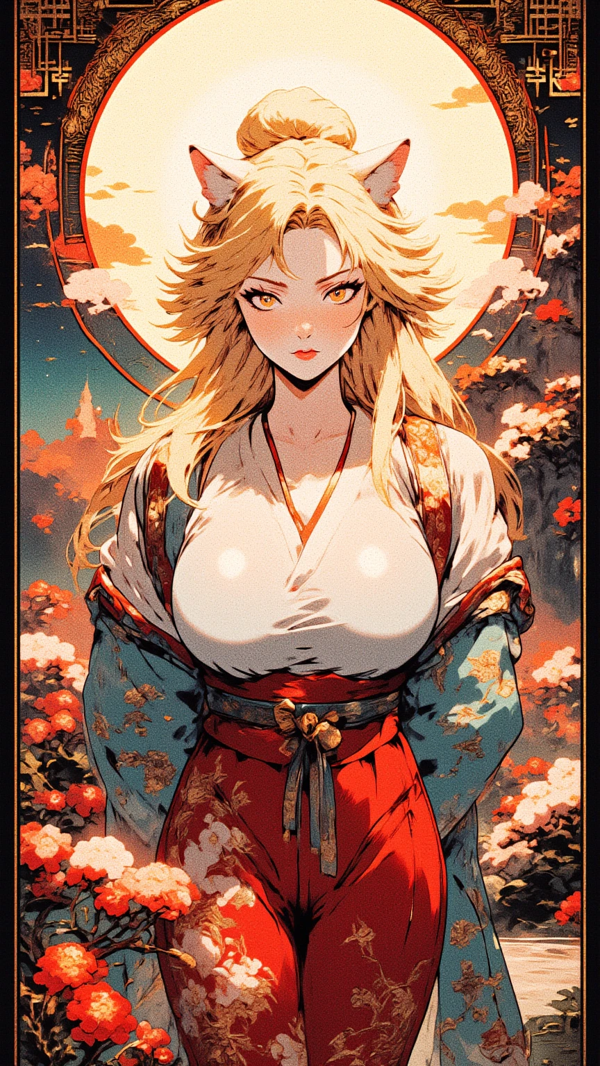REALISTIC VISION 1.4, BETTER VAE,sharp focus, ultra detail, 32k,realistic photo, intricate details, kitsune, blond hair, (blond hair), gold eyes, intricate details ,woman, nine tails, intricate details,intricate details,big , Voluptuous body, intricate details, Miko, clothes long white dress with red details intricate details, tattoos intricate details, full body, with a orange nine tails fox , kiuubi (kurama, naruto), angry face,