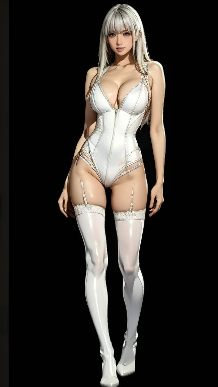 8k, Ultra HD, super details, high quality, high resolution. The heroine Gata Negra, looks beautiful in a full body photo, her body is sculptural, her long and voluminous white hair is radiant in a perfect combination with her white skin, her bright blue eyes mesmerize everyone. She is wearing her heroine costume which consists of, A tight bodysuit in black with white details, High white boots. She looks very sexy, drawing attention to her big breasts and thick legs.