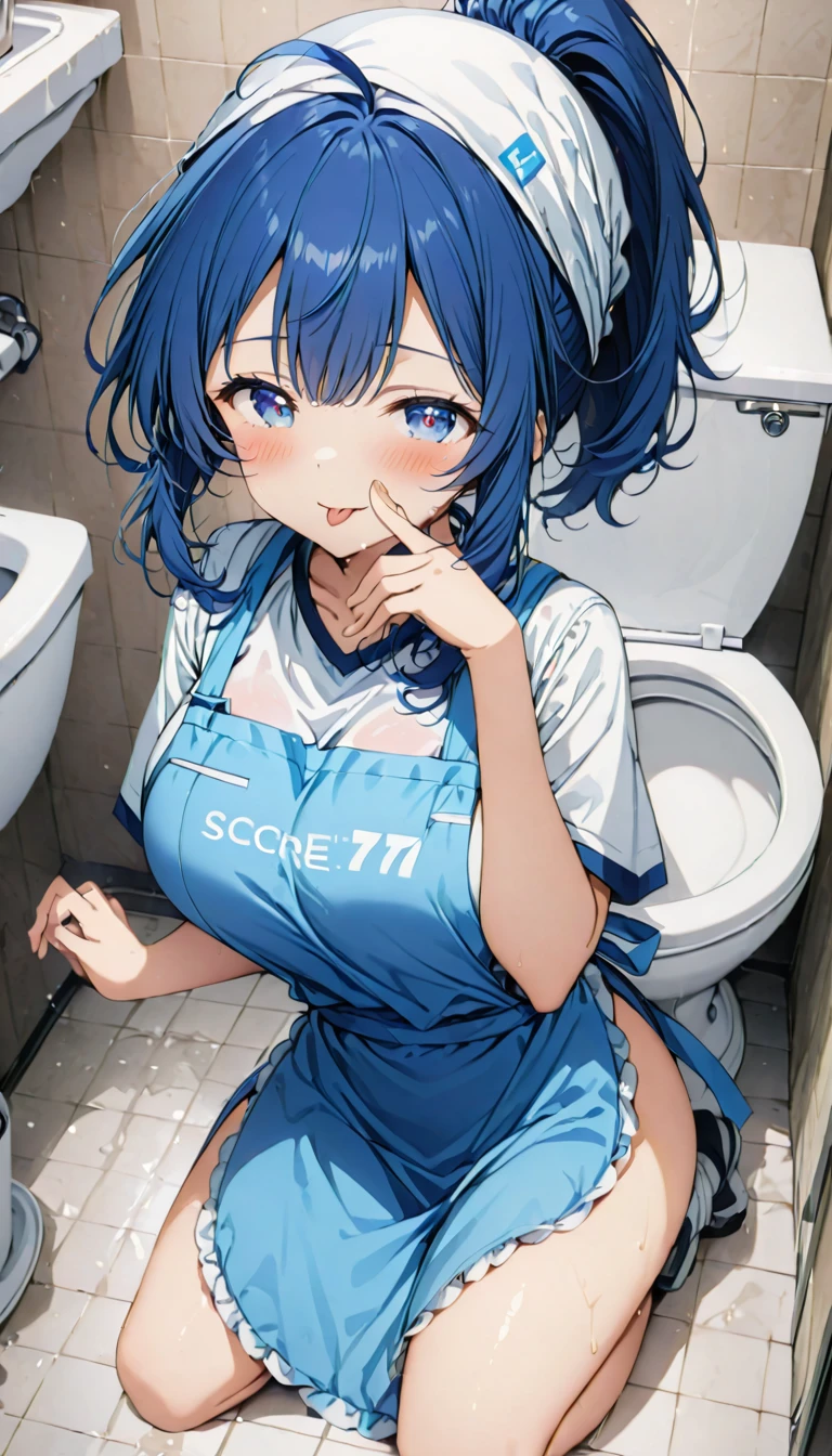 Score_9, Score_8_up, Score_7_up, source_anime, annayanami, annayanami, medium hair, blue eyes, ahoge, blue hair, ponytail, large breasts, open mouth wide, tongue out, cleaner clothes, light blue apron, (bandana:1.1), toilet, kneeling, handjob gesture, put hand in front of mouth, blush, seductive smile, looking viewer, from above, best quality, ultra-detailed, 