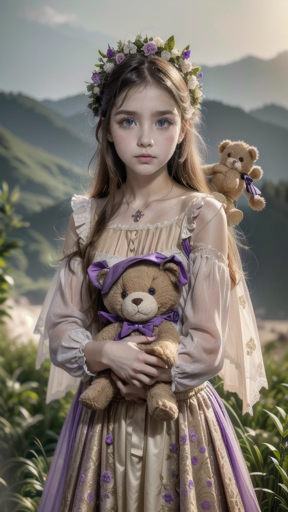 Girl in baroque dress carrying a teddy bear. A sisne at his side, (big purple eyes:1.2), (ultra detailed eyes:1.4), ( high resolution eyes:1.1), (ultra detailed skin texture:1.4), PERSEPHONE, Persephone, Persephone,