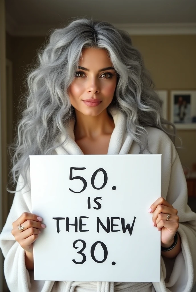 A beautiful youthful looking Hispanic version of a gray haired Selena Gomez as a 50 years old woma n with long her completely gray hair in a big curls styles as a supermodel wearing a Lingerie standi ng in a high school classroom holding a white boar d with text "I age is just a number" and showing it to the viewer