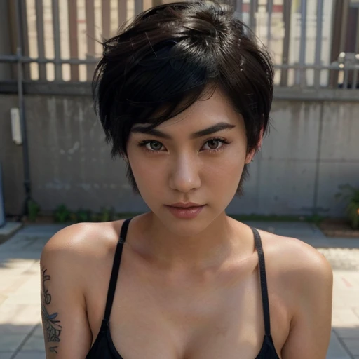 (8K, Best Quality, Masterpiece: 1.2), (Realistic, Photorealistic: 1.37), (((Nude MILF)))), She faces forward and stares at the viewer from below with an angry expression. ((There is a lot of beautiful black pubic hair growing in the pubic area, and you can also see thick black armpit hair.)) Her bust is small at 72 cm, but it is made very carefully. The shooting location is a gray space. 1 person, 57 years old, Japanese mature woman, well-trained muscular body, black hair, ((Hairstyle: Super short pixie cut))))), (((Looking up from below))), Full body facing forward, Tired, Legs spread wide. A woman who squats down, has a beautiful, well-proportioned figure, beautiful toned muscles, and amazing abs! ,She put her hands behind her head in a sexy way, showing off her muscular beauty, showing off her muscular body, and her bust was small.