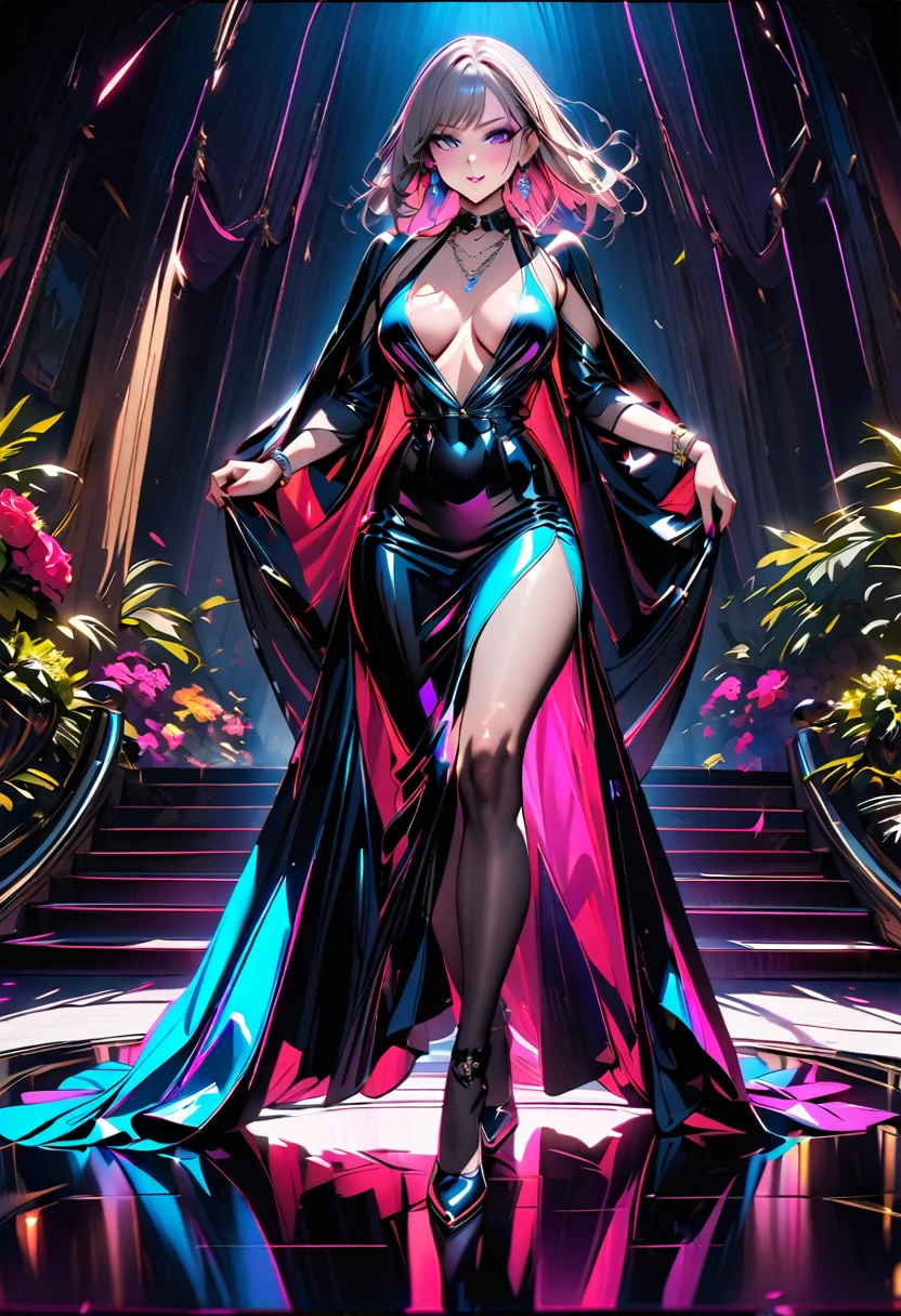 ((highest quality)),(Ultra-high resolution),(Very detailed),(Detailed Description),((The best CG)),(A masterpiece),Ultra-detailed art,Amazing drawing art,(Art with precise details:1.5),((Extremely colorful:1.7), (Woman wearing a cropped dress:1.6),(Beautiful and well-proportioned face:1.4),(ponytail:1.5),(Slim abdomen:1.4),(Deep slit long skirt:1.4),(Black patent leather high heels:1.3),