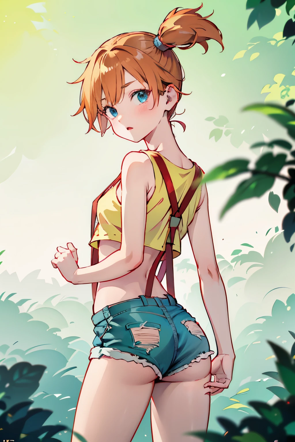 Misty from Pokemon, 1 girl,Alone,g-string denim ripped short shorts with holes ripped in them, surprised expression, clavicle ,no shirt, red suspenders,looking back at the viewer,outside,depth of field, leaning against tree, legs, cameltoe, playful, Masterpiece, Best Quality, absurdities, high resolution, 4k, ray tracing, intricate details, Very detailed, (1 girl:Perfect face, beautiful, small breasts, small) Highqlb:perfect mouth, makeup screenshot, perfect jaw, good fortune hing 