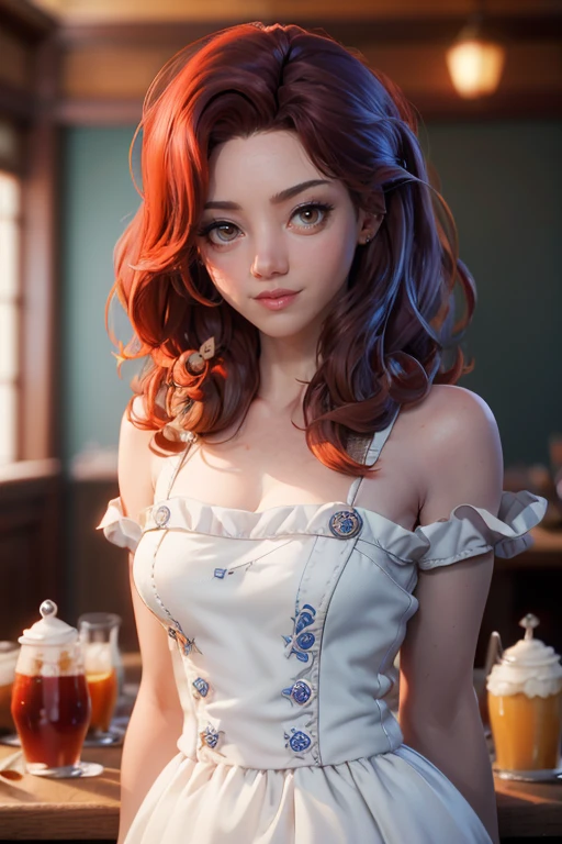 (photo of female citizen:1.3) 1girl, solo, small breasts, looking at viewer, smile, hair ornament, cleavage, dress, bare shoulders, jewelry, collarbone, ((Knees to head portrait))upper body, red hair, flower, teeth, solo focus, hair flower, necklace, blurry, strapless, tattoo, depth of field, , (realistic:1.3) crowd, (in a medieval tavern:1.1), 8k, cinematic, fantasy, nsfw, ((subtle nudity))((subtle sexuality))exposed woman, exposed breast