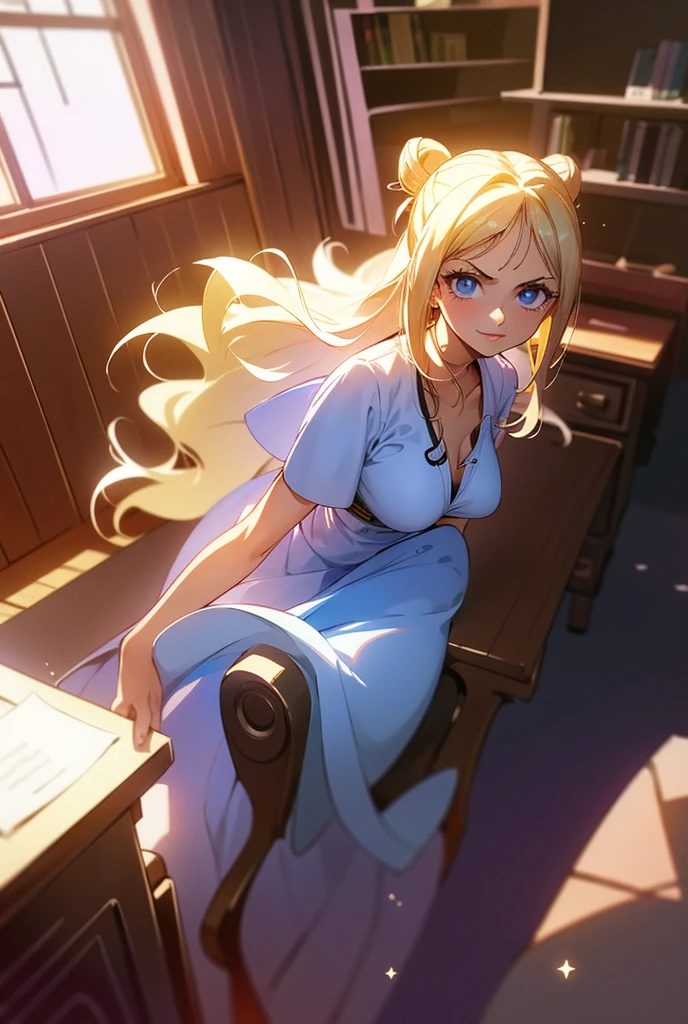 1 girl,  long hair ,  High resolution , breasts, Rice, blue eyes,  Fringe between the eyes, Backlighting, Necessary, HD model, Blonde hair, shiny hair,  Split Fringe, Light blush,  red lips , Sparkling eyes, shy, Vanishing point, brilliance, silhouette, Flowering, Scanlines, ANIME STYLE, anime, Illustration, cute jumpsuit , cute expression, excited, one piece, wavy hair, voluminous hair, Alone,  sitting on the chair , resting elbows on the table, concentrated, desk,  design studio, Hair with bun, messy hair, drawing on the table ,  writing on the table ,  facing the window, books, flower vases,  lines of motion ,  drop shadow , side view, holding pencil, holding pen, looking at paper ,  looking at notebook 