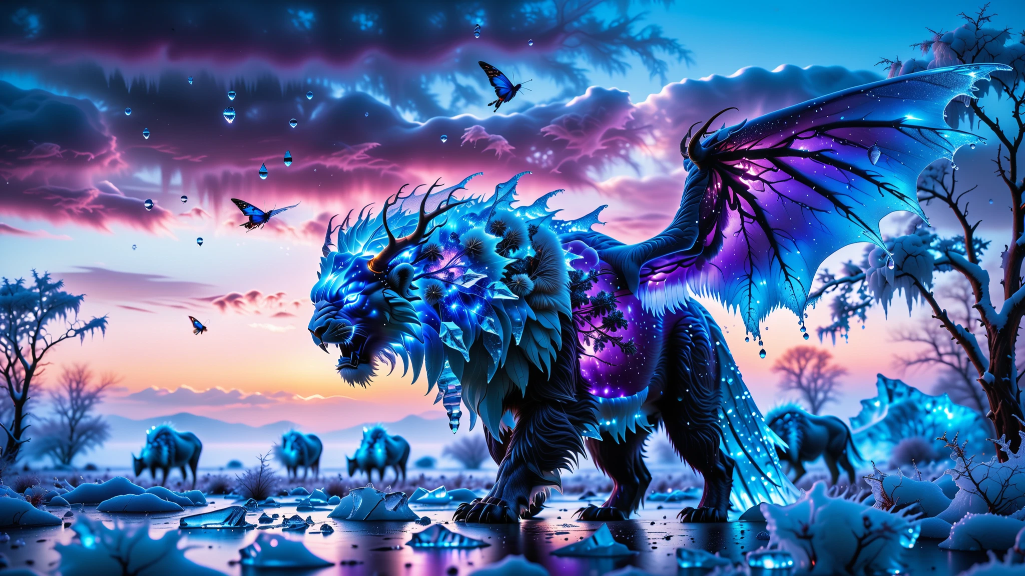 A Masterpiece In 32K Resolution, Supreme Quality, Super Detail, Official Art, Very High-Resolution 32K Wallpaper, Beautiful And Aesthetic, Ultra-Detailed Features, Awe-Inspiring Detail. Towering Bioluminescent Trees Stretch Into A Purple Sky, Their Branches Pulsing With Electric Blue Light. Rising From The Depths Is A Colossal Ice Manticore, Its Body Covered In Frozen Fur And Spines. Massive Wings Unfold From Its Sides, Glinting In The Light, Its Frosty Breath Leaving Trails Of Glittering Ice Droplets In The Air. Giant Floating Beasts Drift Through The Air, Their Silhouettes Blending With The Exotic Landscape.