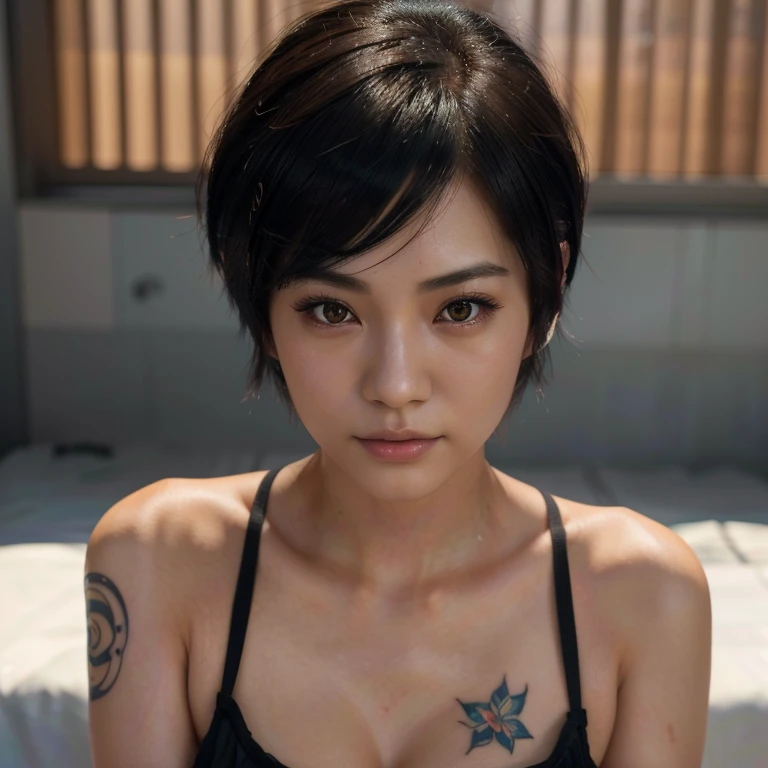 Skin Tight Black Top:1.2, Looking at Viewer, Cinematic lighting, Perfect, softlight, High resolution skin:1.2, Realistic skin texture, 30 year old sexy woman、, off shoulders, Exposed cleavage, Blue eyes, Short hair、Bust B Cup、half nude、Light gray futuristic room background