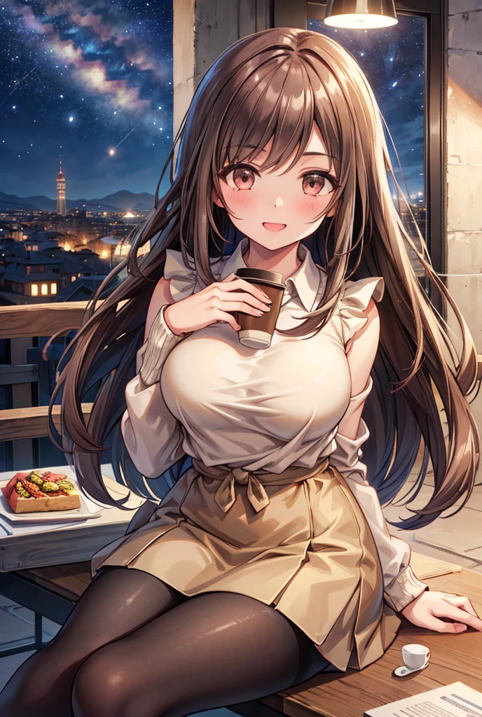  1 girl, solo,  High Resolution , Long Hair, (Large Breasts),  looks,  blushes, smile, Brown Hair, masterpiece, accurate,  anatomically correct,  Multiple Award Winners ,  detail,  high definition models, 高い detail, high quality,  very detailed , Retina,  textured skin,  ultra-fine, whole body, Italian cityscape, Black sweater,  beige miniskirt, Brown long boots, Italian cafe , autumn, night, Starry Sky, Terrace seats, Cooking on the desk,  sit on a chair,  brown eyes , smile, Open your mouth,whole bodyを強調, pantyhose, holding a coffee cup,