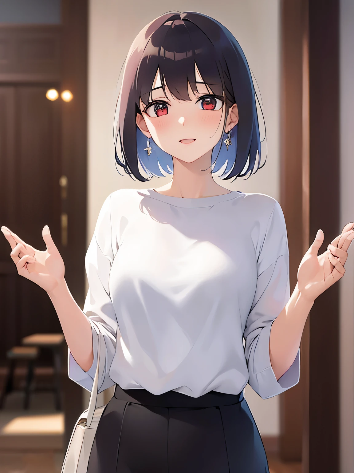 holding food on a plate、Biologically correct five fingers、mature female、big breasts, Upper Body, (pale skin:1.2), shiny skin, shiny hair、(A woman in her 40s) and (bob cut) and (wavy hair) and (hair between eyes) and (black hair) and (red eyes), (white) and (off shoulder blouse) 、smile, Alone、Are standing、In the background is a living room with food on a table、
