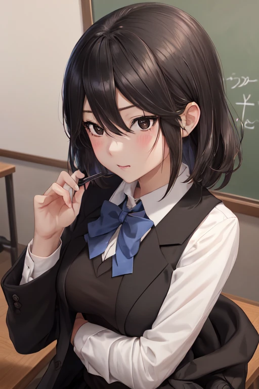  High Resolution , Sharp focus, Pixibu's Masterpiece , (( complicated details)), Advanced Details,  upper body, Inaba_Himeko,  1 girl,  Black Hair , black sweater, ( black eyes :1.3),   School Uniforms, sweater, dress shirt,  jacket, blazer,  Blue Ribbon, shirt,  plaid skirt, 