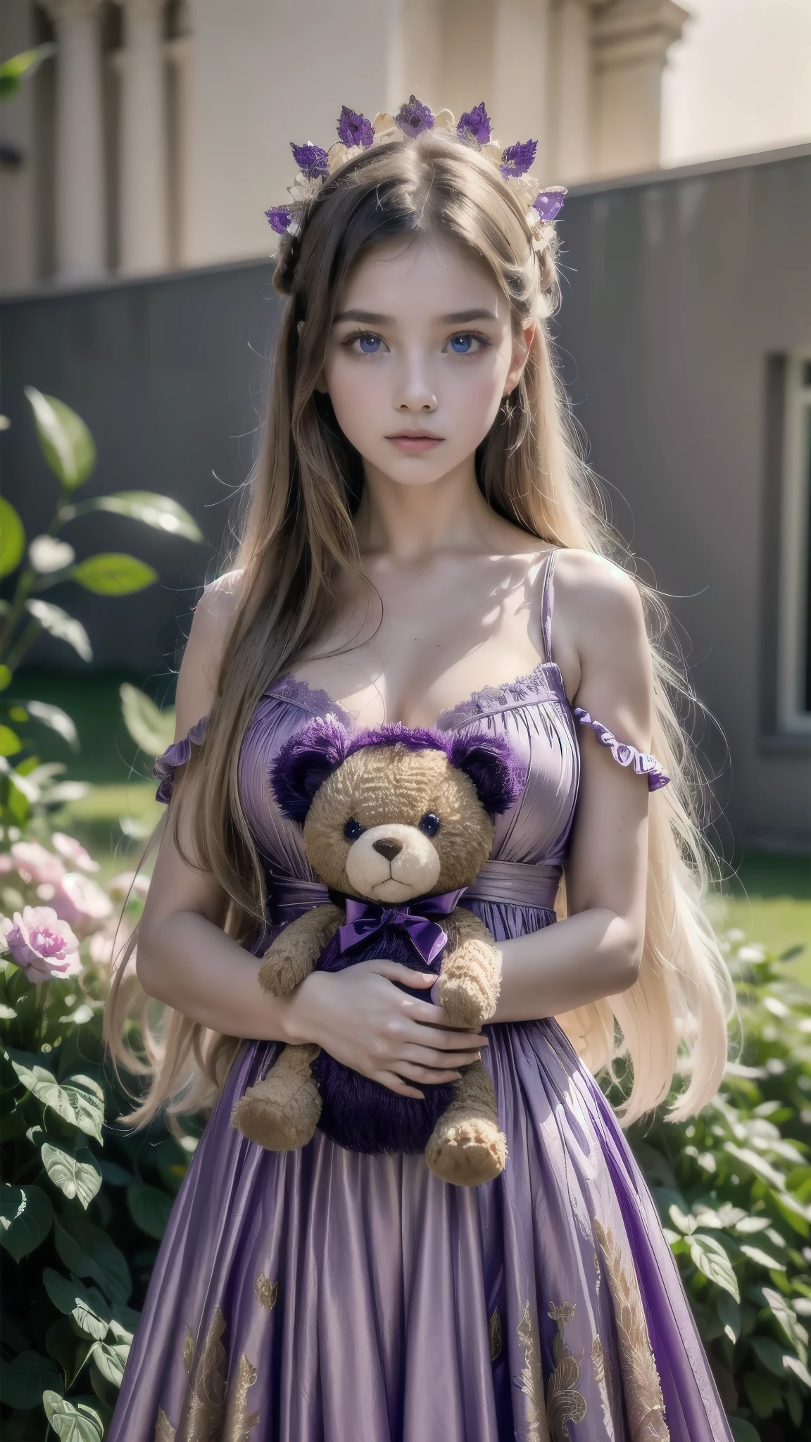 Girl in baroque dress carrying a teddy bear. A sisne at his side, (big purple eyes:1.2), (ultra detailed eyes:1.4), ( high resolution eyes:1.1), (ultra detailed skin texture:1.4), PERSEPHONE, Persephone, Persephone,