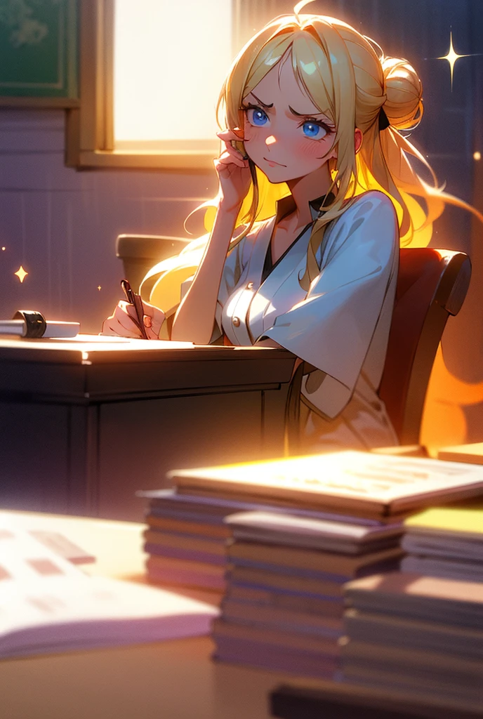 1 girl,  long hair ,  High resolution , breasts, Rice, blue eyes,  Fringe between the eyes, Backlighting, Necessary, HD model, Blonde hair, shiny hair,  Split Fringe, Light blush,  red lips , Sparkling eyes, shy, Vanishing point, brilliance, silhouette, Flowering, Scanlines, ANIME STYLE, anime, Illustration, excited, one piece, wavy hair, voluminous hair, Alone,  sitting on the chair , chair facing the table, resting elbows on the table, concentrated, desk,  design studio, Hair with bun, messy hair, drawing on the table ,  writing on the table ,  facing the window, books, flower vases,  lines of motion ,  drop shadow , side view, holding pencil, holding pen, looking at paper ,  looking at notebook, Closed mouth, Holding the mouth, frown, 