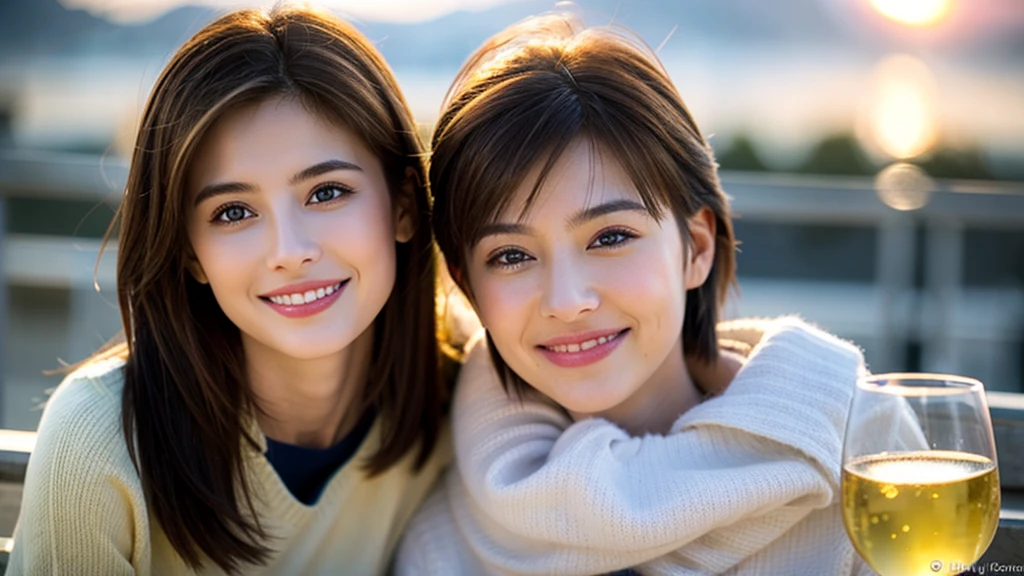 ((Highest quality、8K、masterpiece:1.3))、Slim Couple、Model Couple、Beautiful woman 1, (Slim face),(Realistic, Intricate details:1.2), full-course dinner、Wine Party、Amazing view of the sunset sky and clouds、A bright smile、The wonderfulness of smile、Bright image、The beauty of wine, Beautiful Face, blue eyes, The light shines on your face, Blushing, short hair,Bright Face、 (Age 37), Age 34, red wine 、Appetizers、Italian food、Wine bottle、Champagne、sparkling wine、Two beauties、Brown Hair、Shortcuts、Long sleeve shirt、dress、 (The body is スリム), (Brown Hair), (Shortcuts),  (smile: 1.15), Beautiful fine grain, Depth f/2,saturation, High Contrast, Strong light and shadow,Moist Body:1.5、3D texture、Delicate eyes、Brown Hair、The hair is very shiny、