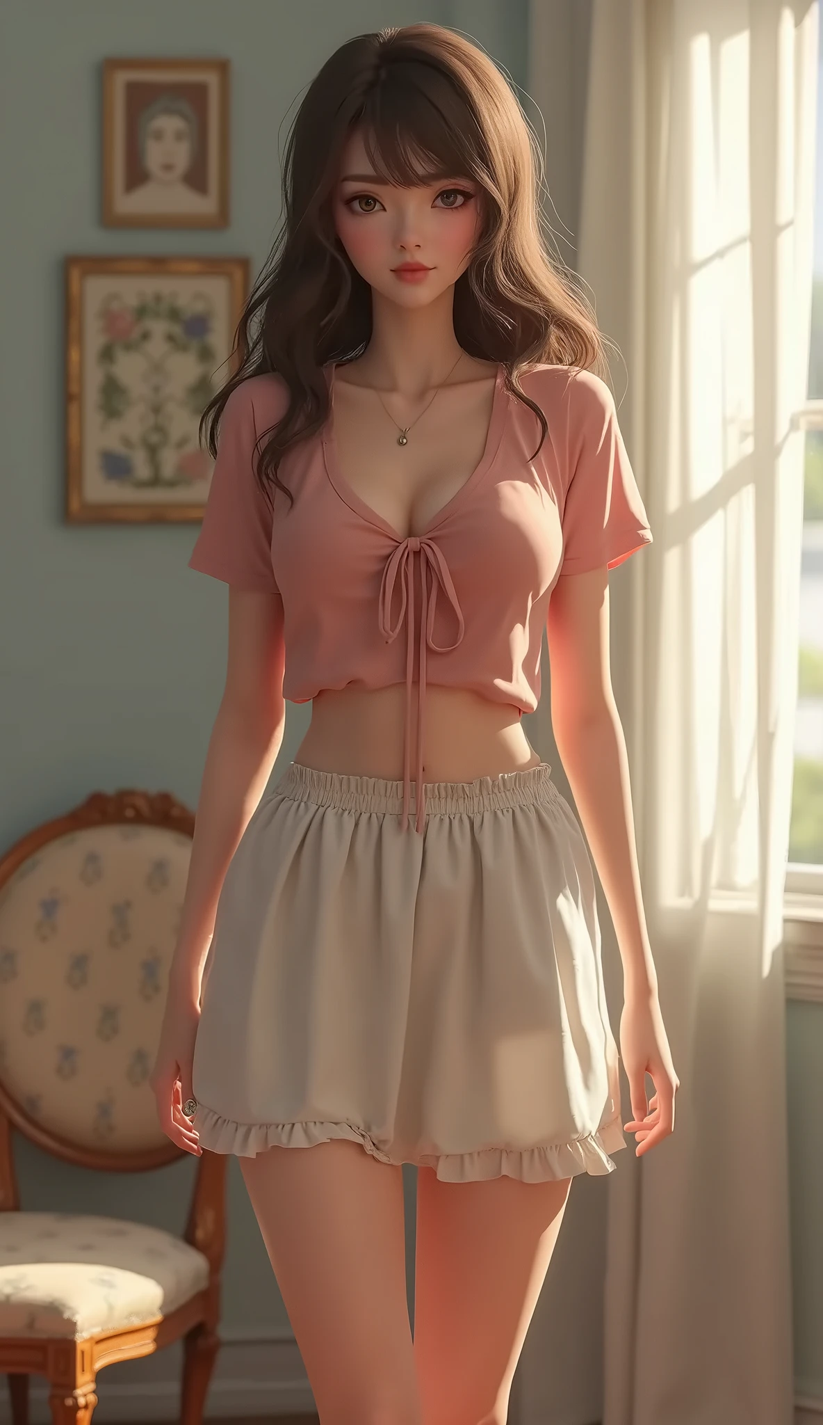 Minnie Mouse is standing, Sexy beautiful face, Doe-shaped eyes, full lips. slender body, breath taking beautiful, bright, all-encompassing cinematic, 8 k, cinematic lighting, Best quality, 4K, perfect body, perfect long legs, (white stockings), ((pink outfit)), Tiny body, slender body, thin waist, short brown hair, (tight black lace shirt, red high waist pleated miniskirt with white polka dots). Lingerie, Spread your legs, the whole body is visible