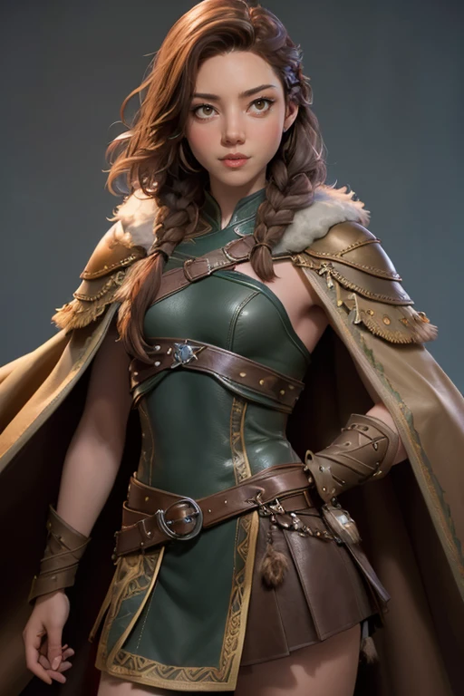 ( masterpiece, The best quality ) (young warrior woman of nordic descent), (green eyes), (fur skirt), (Brown hair color),(loose hair with small braids on the scalp), (leather strap top) feathers, cape over the shoulder, bufas, (blue, gray and brown suit).